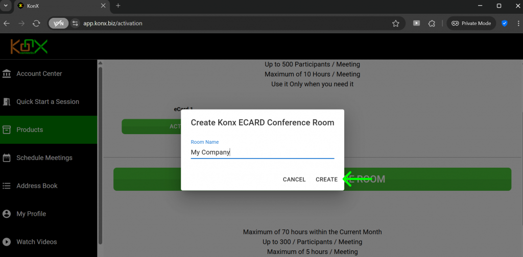 Create Room on KonX
