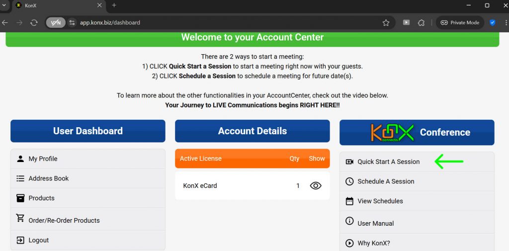 KonX Quick Start a Session