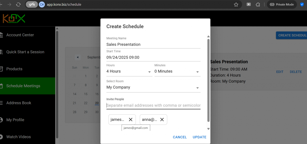Schedule a Session/Meeting on KonX