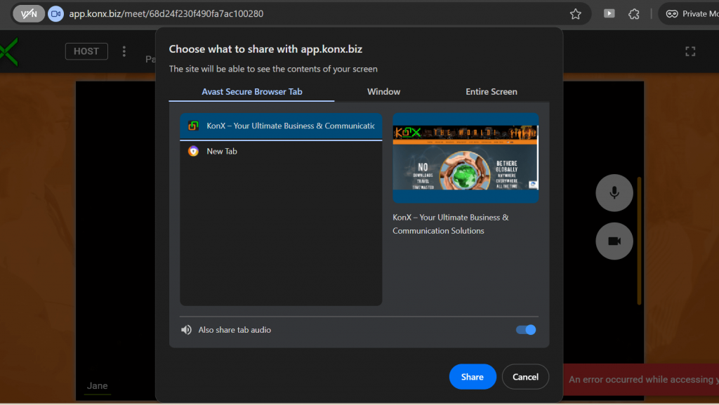 KonX Screen Sharing Opttions