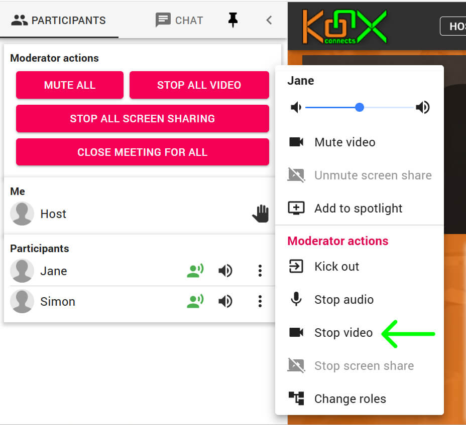 Host/Moderator Stop a video on KonX